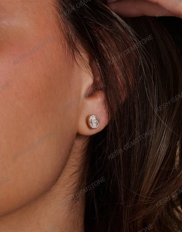 Elegant Oval Bezel Natural Diamond Stud Earrings in 14K Gold Finish on 925 Silver