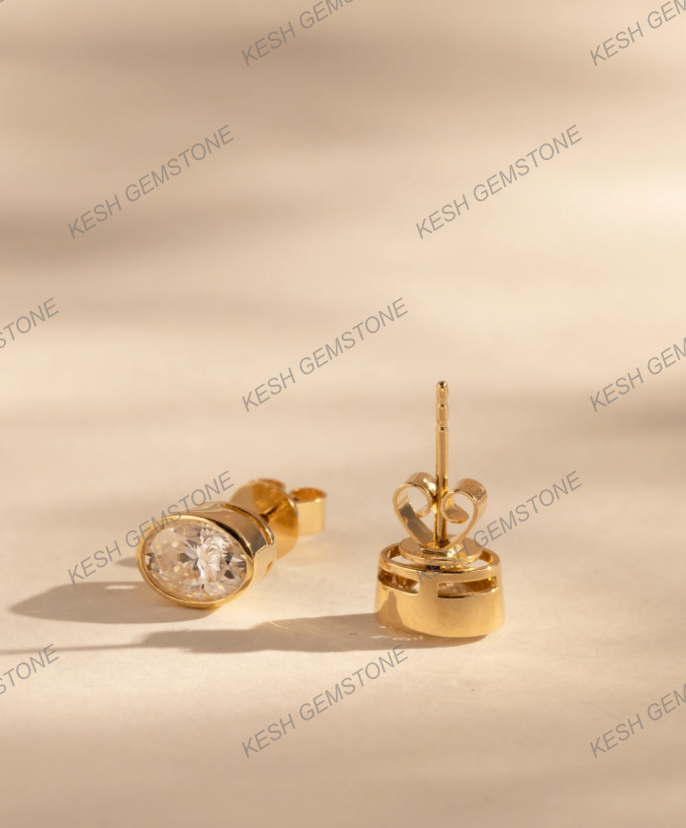 Elegant Oval Bezel Natural Diamond Stud Earrings in 14K Gold Finish on 925 Silver