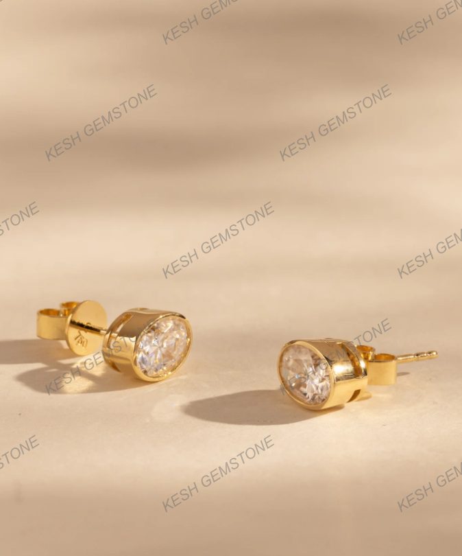 Elegant Oval Bezel Natural Diamond Stud Earrings in 14K Gold Finish on 925 Silver