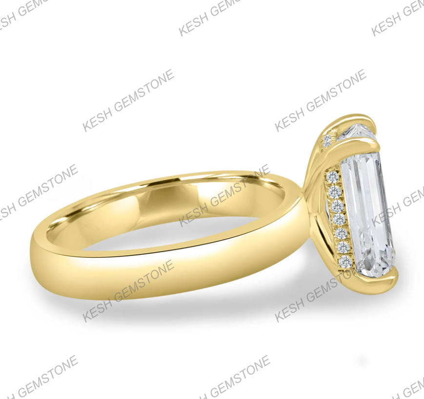 5.90 Ct Certified Emerald Cut White Diamond Ring with Hidden Halo & Cigar Band – 925 Silver with 14K Gold Finish