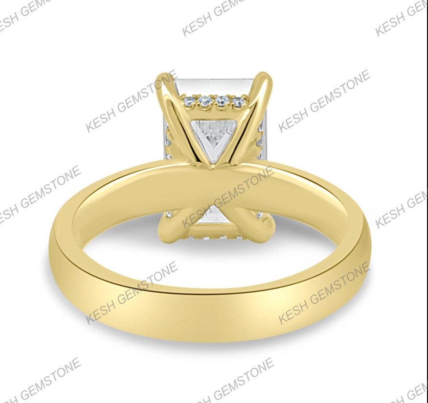 5.90 Ct Certified Emerald Cut White Diamond Ring with Hidden Halo & Cigar Band – 925 Silver with 14K Gold Finish