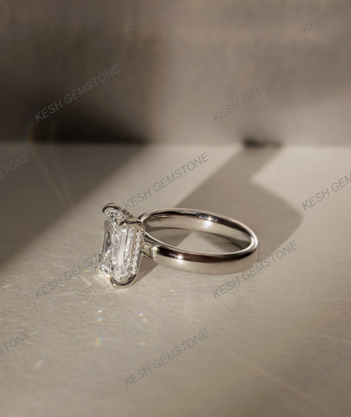 5.90 Ct Certified Emerald Cut White Diamond Ring with Hidden Halo & Cigar Band – 925 Silver with 14K Gold Finish