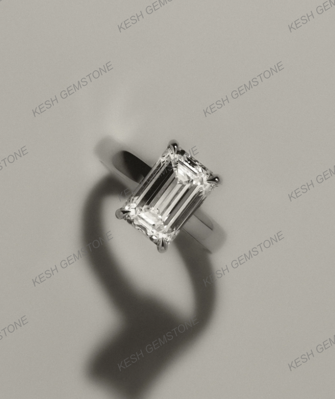 5.90 Ct Certified Emerald Cut White Diamond Ring with Hidden Halo & Cigar Band – 925 Silver with 14K Gold Finish