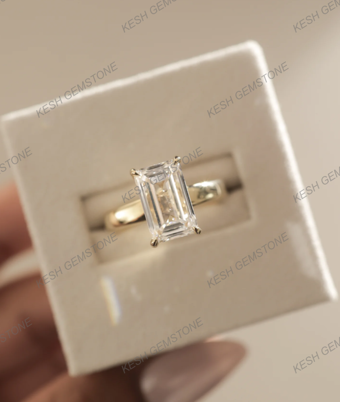 5.90 Ct Certified Emerald Cut White Diamond Ring with Hidden Halo & Cigar Band – 925 Silver with 14K Gold Finish