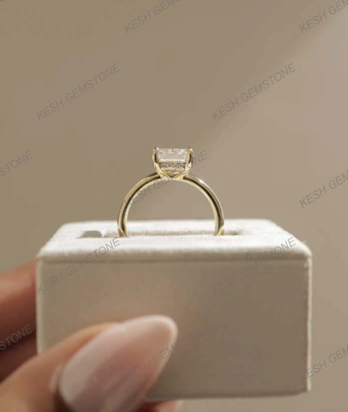 5.90 Ct Certified Emerald Cut White Diamond Ring with Hidden Halo & Cigar Band – 925 Silver with 14K Gold Finish