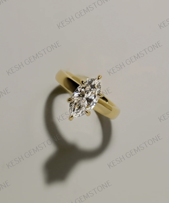 3.65 Ct Marquise Cut Diamond Solitaire Ring with Hidden Halo & Cigar Band – 14K Yellow Gold Finish | Kesh Gemstone