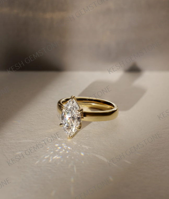 3.65 Ct Marquise Cut Diamond Solitaire Ring with Hidden Halo & Cigar Band – 14K Yellow Gold Finish | Kesh Gemstone