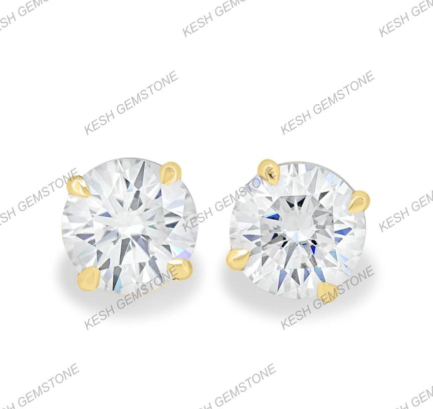 Round Brilliant Diamond Stud Earrings in 4 Claw Setting | VVS Clarity | Solid 925 Silver with 14K Gold Plating