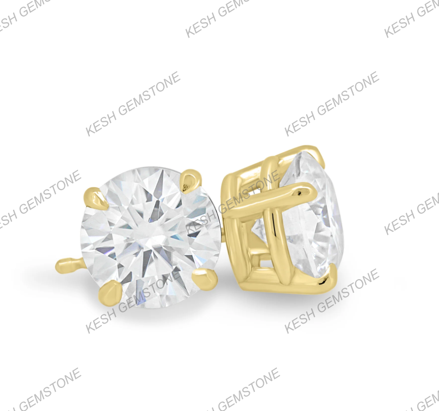 Round Brilliant Diamond Stud Earrings in 4 Claw Setting | VVS Clarity | Solid 925 Silver with 14K Gold Plating