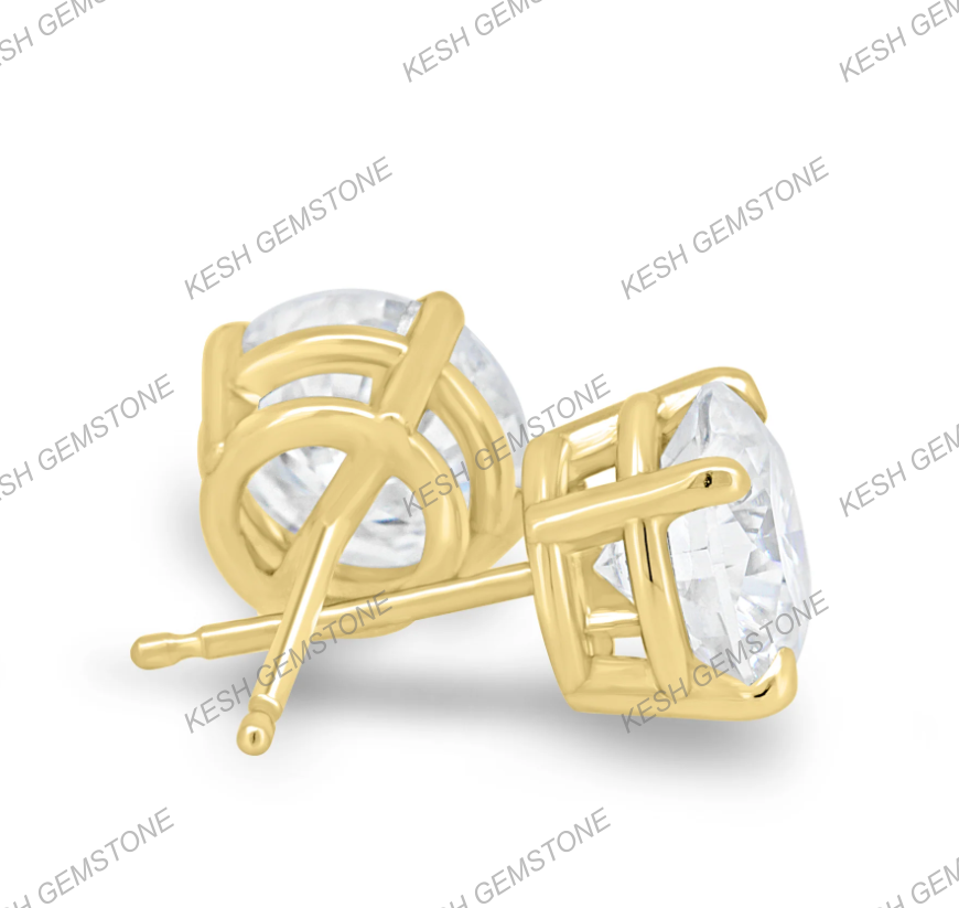 Round Brilliant Diamond Stud Earrings in 4 Claw Setting | VVS Clarity | Solid 925 Silver with 14K Gold Plating