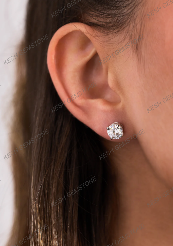 Round Brilliant Diamond Stud Earrings in 4 Claw Setting | VVS Clarity | Solid 925 Silver with 14K Gold Plating
