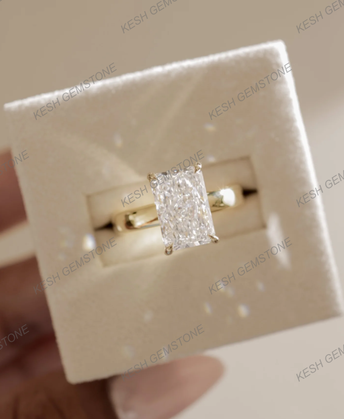 5.50 Ct Radiant Cut VVS1 Diamond Solitaire Ring with Hidden Halo & Bold Cigar Band – 14K Gold Finish | Kesh Gemstone