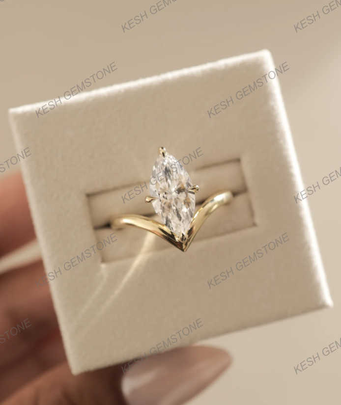 4.00 Ct Certified Marquise Cut White Diamond Ring with Deep V Band – 14K Gold Plated 925 Silver | Elegant Solitaire Design