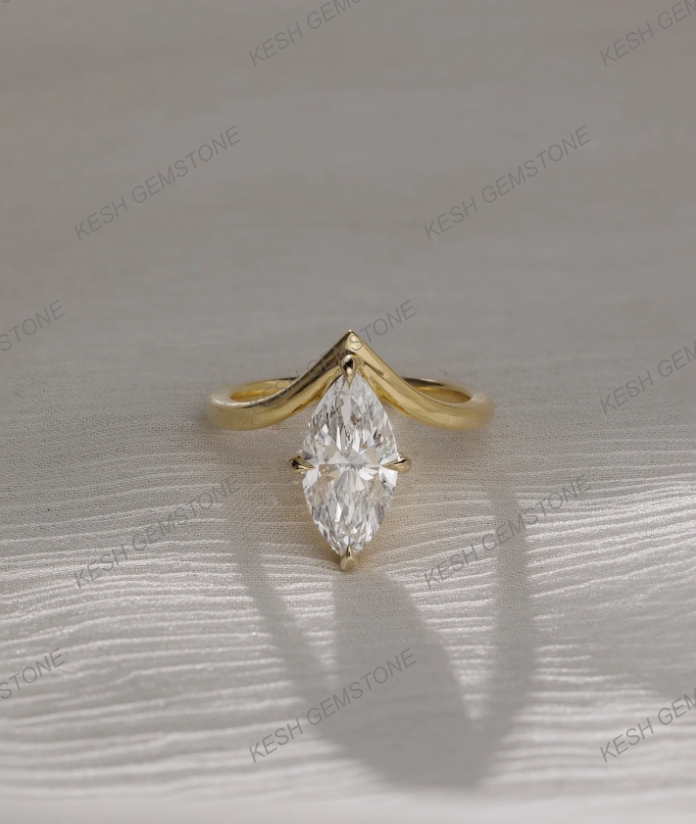 4.00 Ct Certified Marquise Cut White Diamond Ring with Deep V Band – 14K Gold Plated 925 Silver | Elegant Solitaire Design