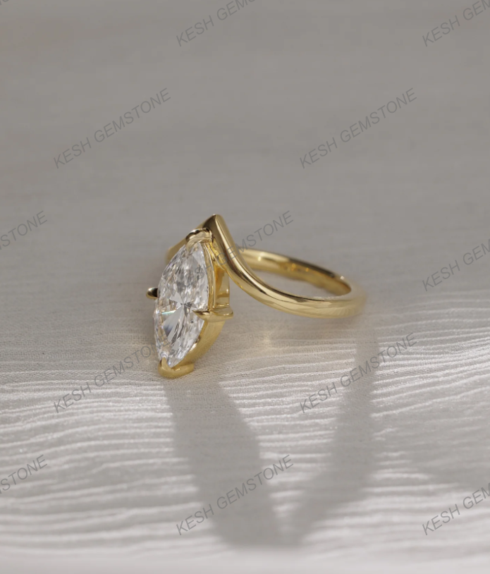 4.00 Ct Certified Marquise Cut White Diamond Ring with Deep V Band – 14K Gold Plated 925 Silver | Elegant Solitaire Design