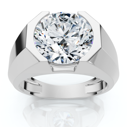 Certified 5 Carat Round Cut Men’s Diamond Ring in Platinum or 14K Gold Finish | Bold Half-Bezel Design