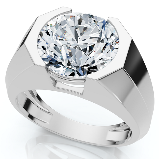 Certified 5 Carat Round Cut Men’s Diamond Ring in Platinum or 14K Gold Finish | Bold Half-Bezel Design