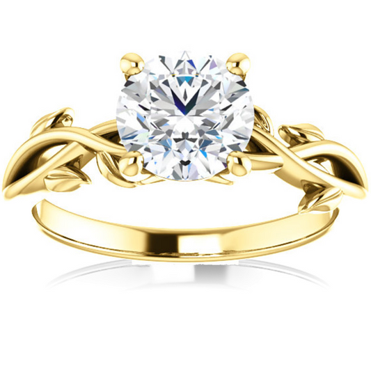 Certified 1.25 Carat Round Diamond Engagement Ring with Vine Leaf Band | G-H Color, VS Clarity | 14K Yellow Gold Finish
