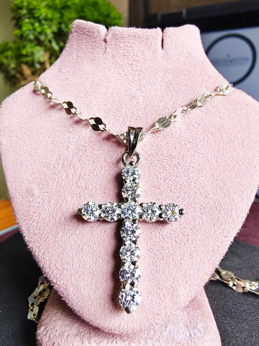 White Genuine Diamond Cross Pendant Necklace | 3.40 Ct Round Diamonds | Unisex Elegance