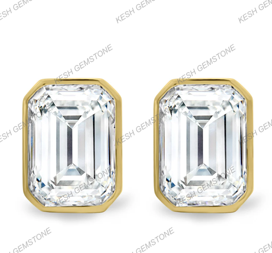 Certified Emerald Cut Diamond Bezel Stud Earrings in 14K Gold Plated Silver | Elegant Everyday Sparkle