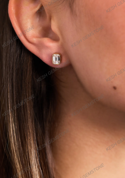 Certified Emerald Cut Diamond Bezel Stud Earrings in 14K Gold Plated Silver | Elegant Everyday Sparkle