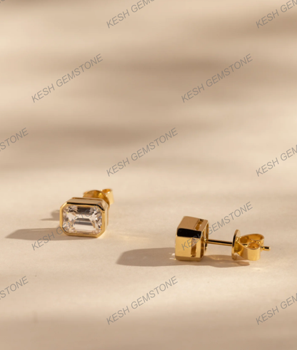 Certified Emerald Cut Diamond Bezel Stud Earrings in 14K Gold Plated Silver | Elegant Everyday Sparkle