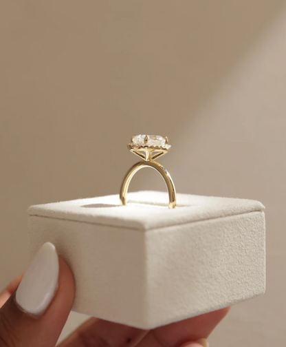 2.50 Ct Oval Cut White Diamond Halo Engagement Ring in 925 Silver with 14K Gold Plating | Radiant Sparkle Elegance