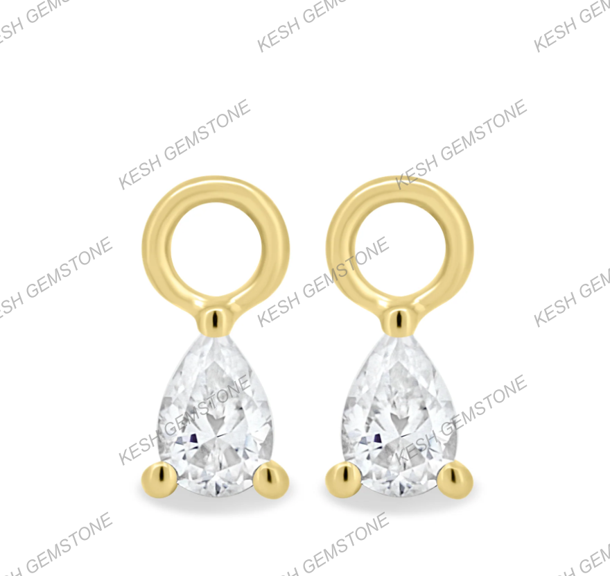 Sparkling Pear Diamond Hoop Charms in 14K Gold Plated Silver