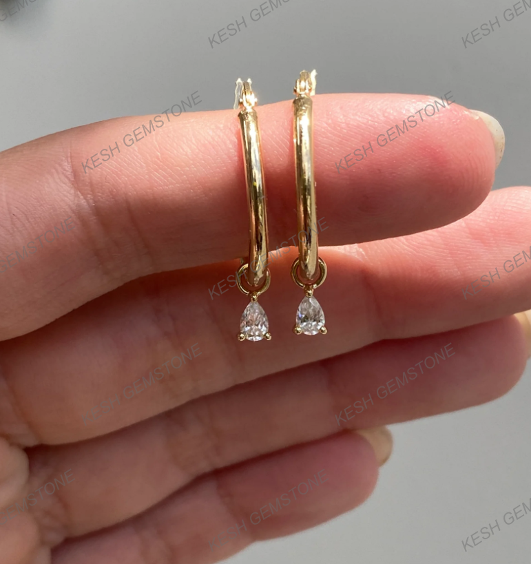 Sparkling Pear Diamond Hoop Charms in 14K Gold Plated Silver