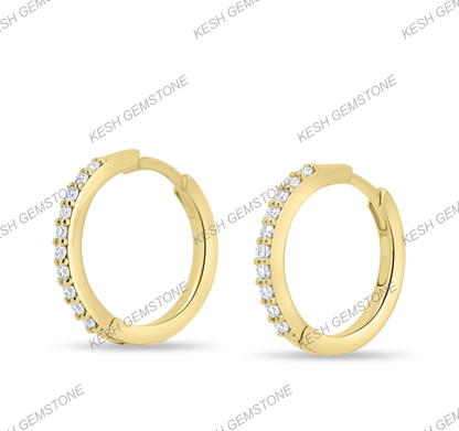 Diamond Huggie Hoop Earrings | 15mm Round | Natural Melee Diamonds | 925 Silver with 14K Yellow Gold Plating | Certified | Kesh Gemstone