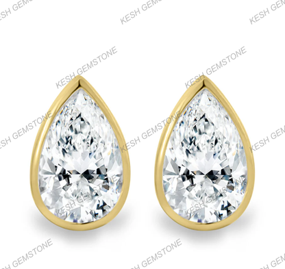 Pear Bezel Natural Diamond Stud Earrings | 925 Silver Over 14K Gold | Certified HPHT Diamonds