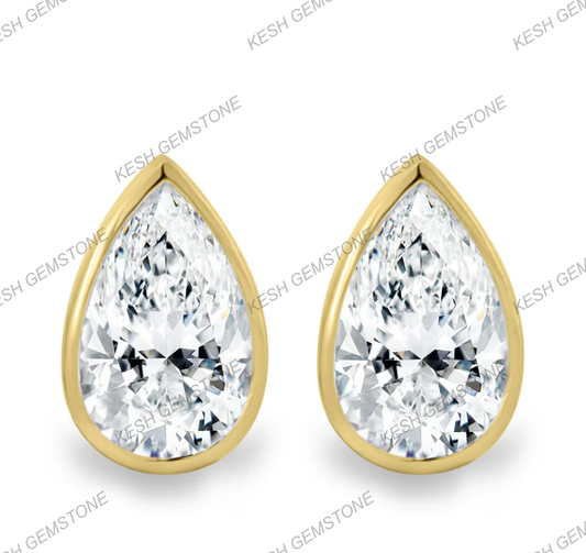 Pear Bezel Natural Diamond Stud Earrings | 925 Silver Over 14K Gold | Certified HPHT Diamonds