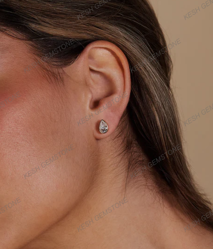 Pear Bezel Natural Diamond Stud Earrings | 925 Silver Over 14K Gold | Certified HPHT Diamonds