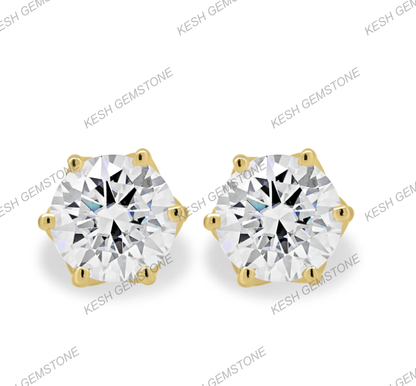 Round Brilliant 6-Claw Diamond Stud Earrings in 14K Gold Over Solid 925 Silver