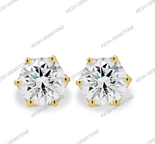 Round Brilliant 6-Claw Diamond Stud Earrings in 14K Gold Over Solid 925 Silver