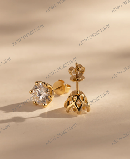 Round Brilliant 6-Claw Diamond Stud Earrings in 14K Gold Over Solid 925 Silver