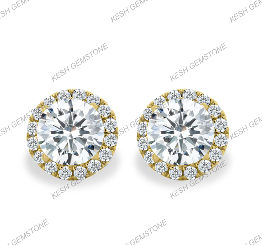 Certified Round Halo Diamond Stud Earrings | VVS1 E-F Color | 14K Gold Plated 925 Silver | Natural Diamond Luxury