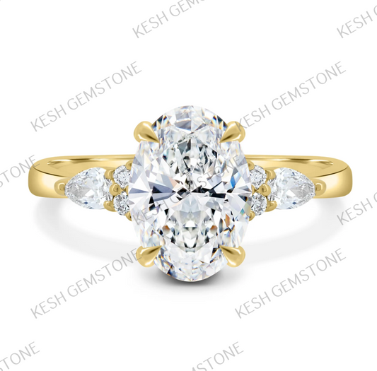 Elegant 3.5 Ct Oval Trilogy Diamond Ring with Pear & Round Accents in 925 Silver Over 14K Gold
