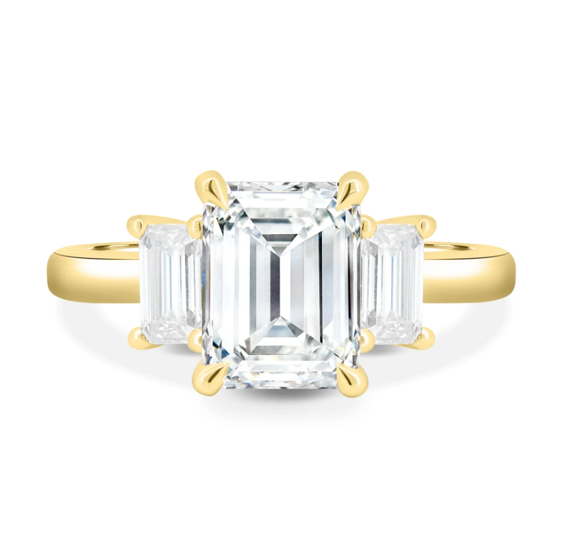 4.90 Ct Emerald Cut Trilogy Engagement Ring | Natural HPHT White Diamonds | 925 Silver with 14K Gold Plating | Kesh Gemstone
