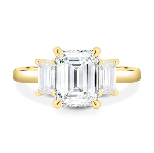 4.90 Ct Emerald Cut Trilogy Engagement Ring | Natural HPHT White Diamonds | 925 Silver with 14K Gold Plating | Kesh Gemstone