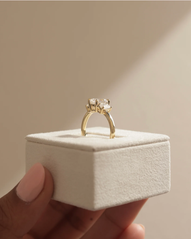 4.90 Ct Emerald Cut Trilogy Engagement Ring | Natural HPHT White Diamonds | 925 Silver with 14K Gold Plating | Kesh Gemstone