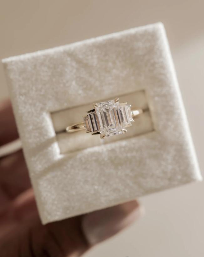 4.80 Ct Emerald Cut Trilogy White Diamond Ring in 925 Silver with 14K Gold Plating