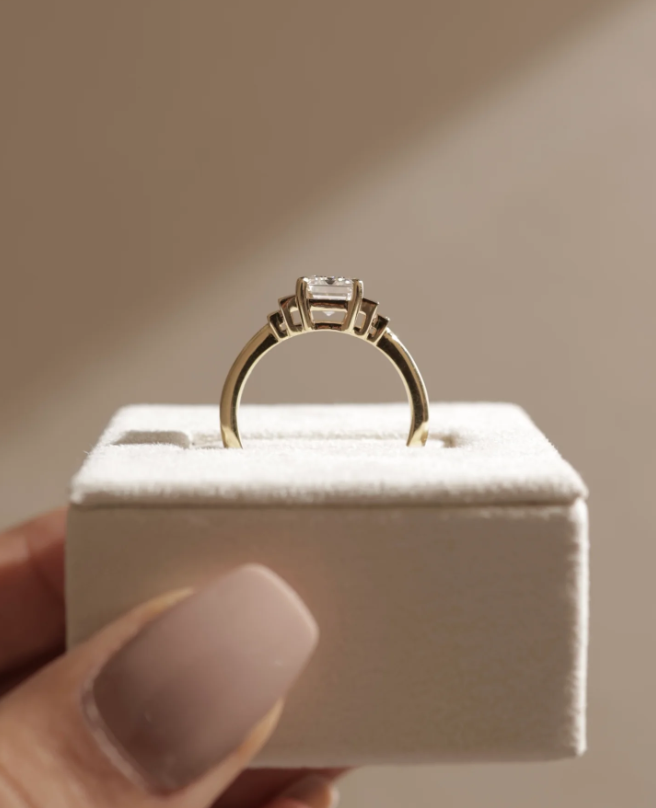 4.80 Ct Emerald Cut Trilogy White Diamond Ring in 925 Silver with 14K Gold Plating