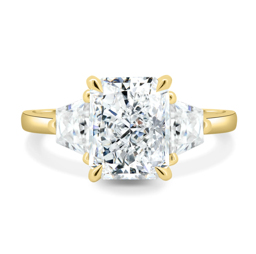 4.61 Ct Radiant Cut White Diamond Ring with Trapezoid Side Stones in 14K Gold Plated 925 Silver