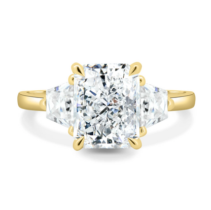 4.61 Ct Radiant Cut White Diamond Ring with Trapezoid Side Stones in 14K Gold Plated 925 Silver