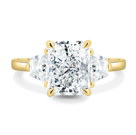 4.61 Ct Radiant Cut White Diamond Ring with Trapezoid Side Stones in 14K Gold Plated 925 Silver