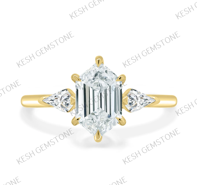 Elegant 3.25 Ct Elongated Hexagon Trilogy Diamond Engagement Ring in 925 Silver Over 14K Gold Plating