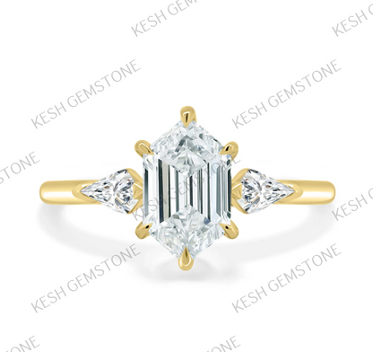 Elegant 3.25 Ct Elongated Hexagon Trilogy Diamond Engagement Ring in 925 Silver Over 14K Gold Plating