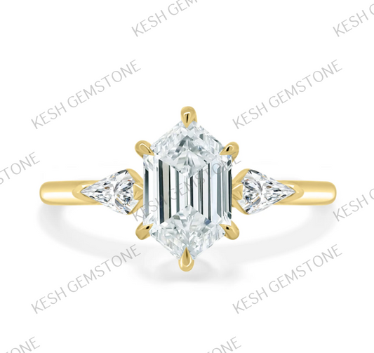 Elegant 3.25 Ct Elongated Hexagon Trilogy Diamond Engagement Ring in 925 Silver Over 14K Gold Plating