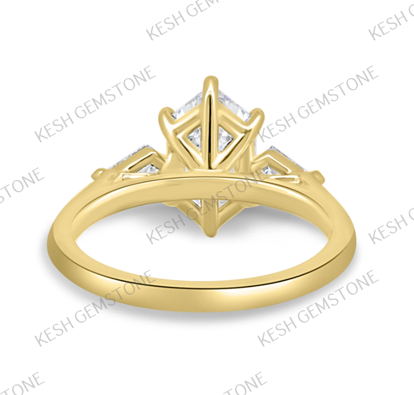 Elegant 3.25 Ct Elongated Hexagon Trilogy Diamond Engagement Ring in 925 Silver Over 14K Gold Plating